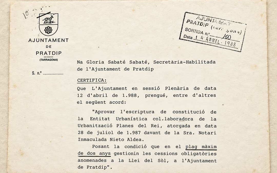 Certificaat van de gemeente Pratdip van 12 april 1988 waarin de oprichtingsakte van de EUCC van Planas del Rey wordt goedgekeurd