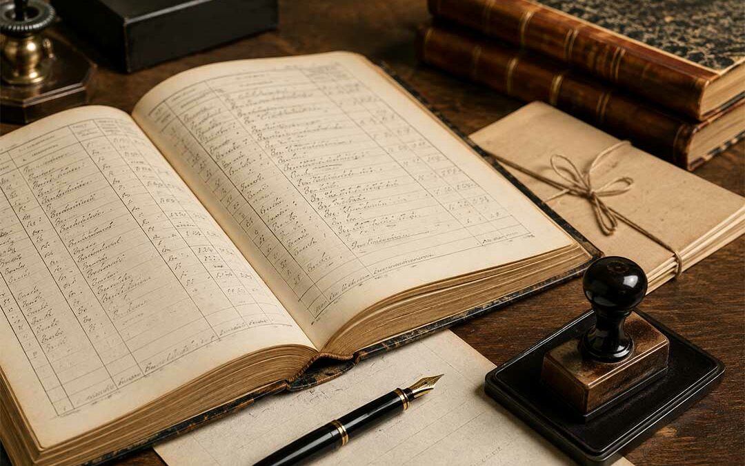 Un antiguo libro de registro abierto sobre un escritorio de madera, con una pluma estilográfica, un sello administrativo y expedientes de archivo.