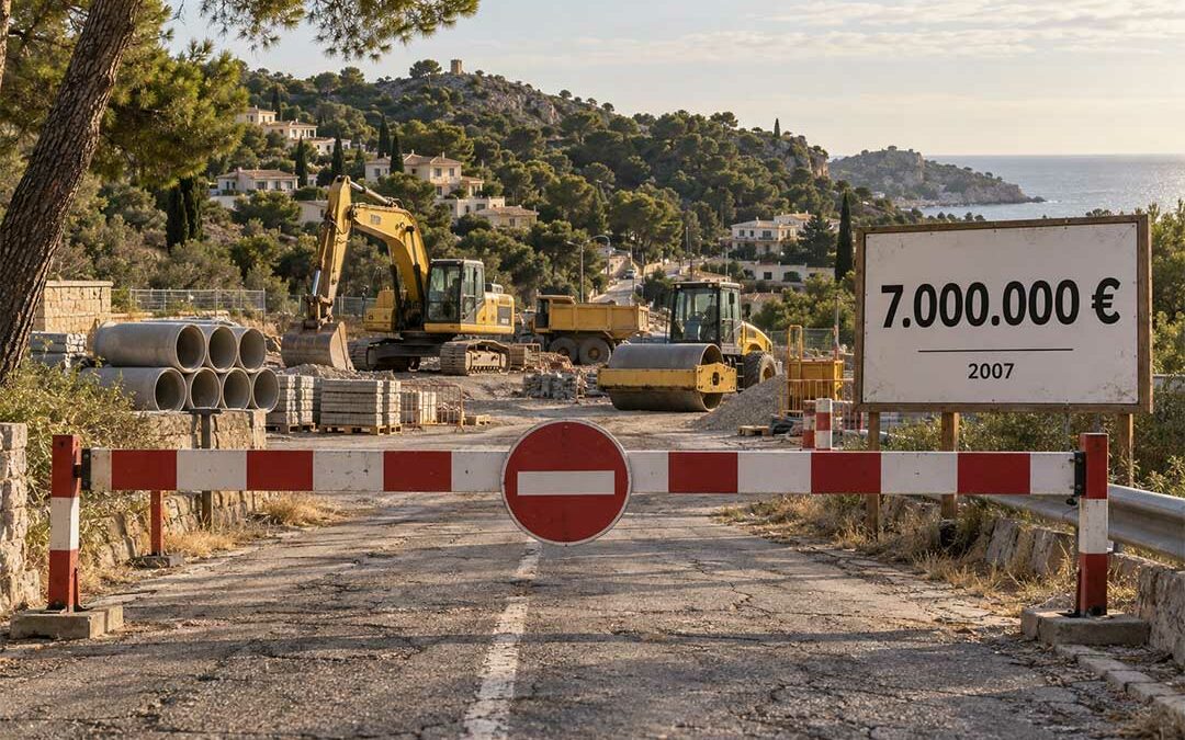 Carretera cortada ante unas obras en Planas del Rey, con un cartel que indica 7 millones de euros en 2007