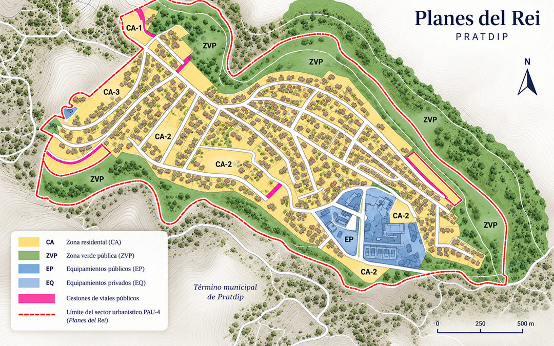Plano del sector PAU-4 de Planes del Rei con las zonas residenciales, los espacios verdes, los equipamientos públicos y el ámbito de la reparcelación.