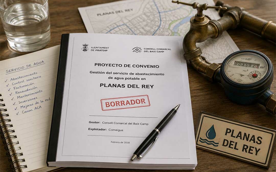 Illustration d’un projet de convention de 2018 pour la gestion de l’eau à Planas del Rey, accompagné d’un compteur et d’éléments du réseau d’eau.