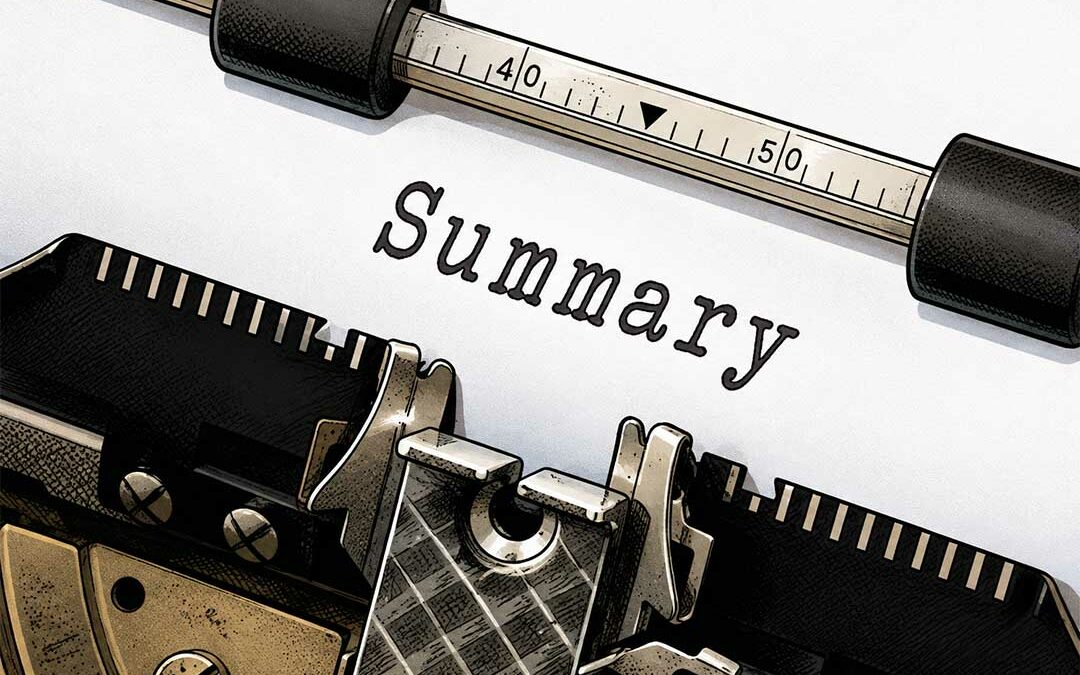 Illustration de style bande dessinée représentant une machine à écrire avec le mot « Summary » sur une feuille.