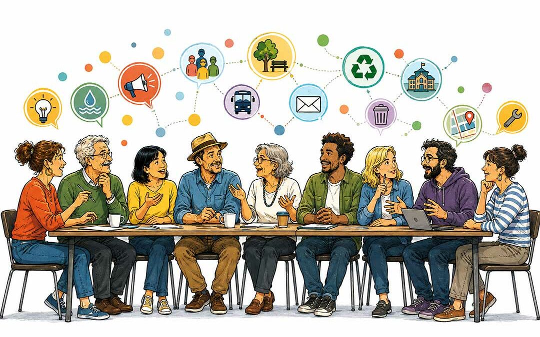 Illustration d’un groupe d’habitants réunis autour d’une table pour discuter de sujets liés à Planas del Rey, notamment l’eau, les déchets, les transports et les services municipaux.