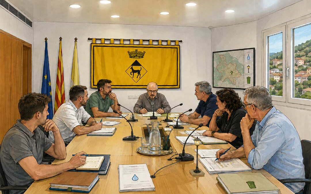 Illustration d’une séance du conseil municipal de Pratdip avec les élus réunis autour de la table dans la salle de la mairie.