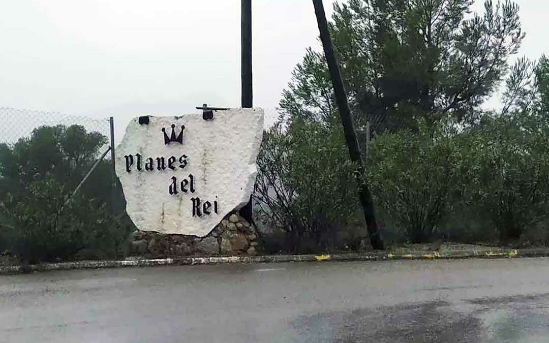 Panneau « Planes del Rei » à l’entrée de l’urbanisation, au bord d’une route entourée de pins et de végétation.