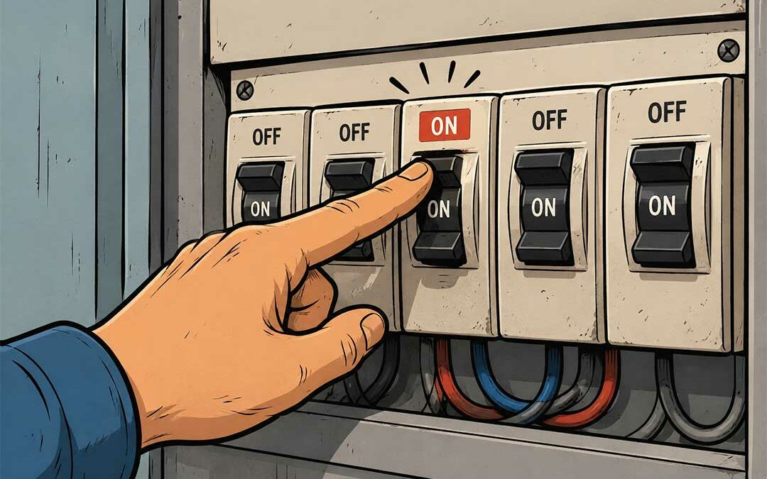 Ilustración de estilo cómic que muestra una mano accionando un antiguo interruptor eléctrico para restablecer el suministro de energía y el alumbrado público.