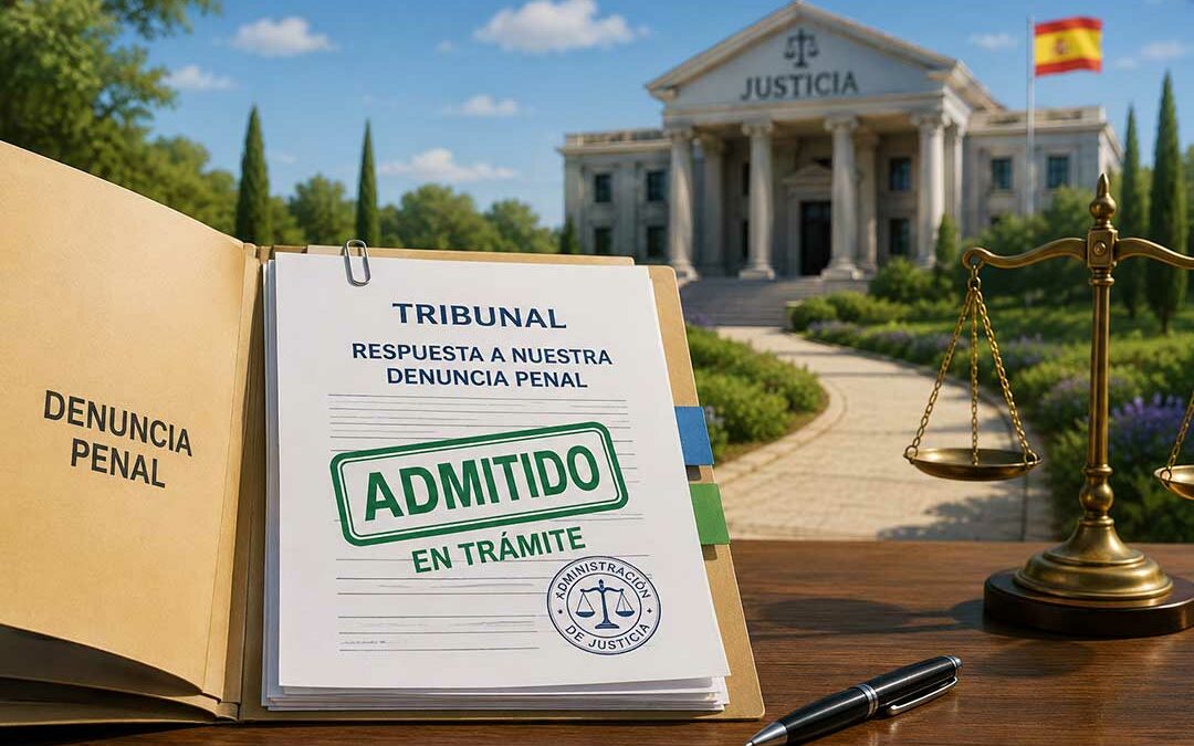 Expediente judicial relacionado con una denuncia penal, marcado como “Admitido” y “En trámite”, con un tribunal y una balanza de la justicia al fondo.