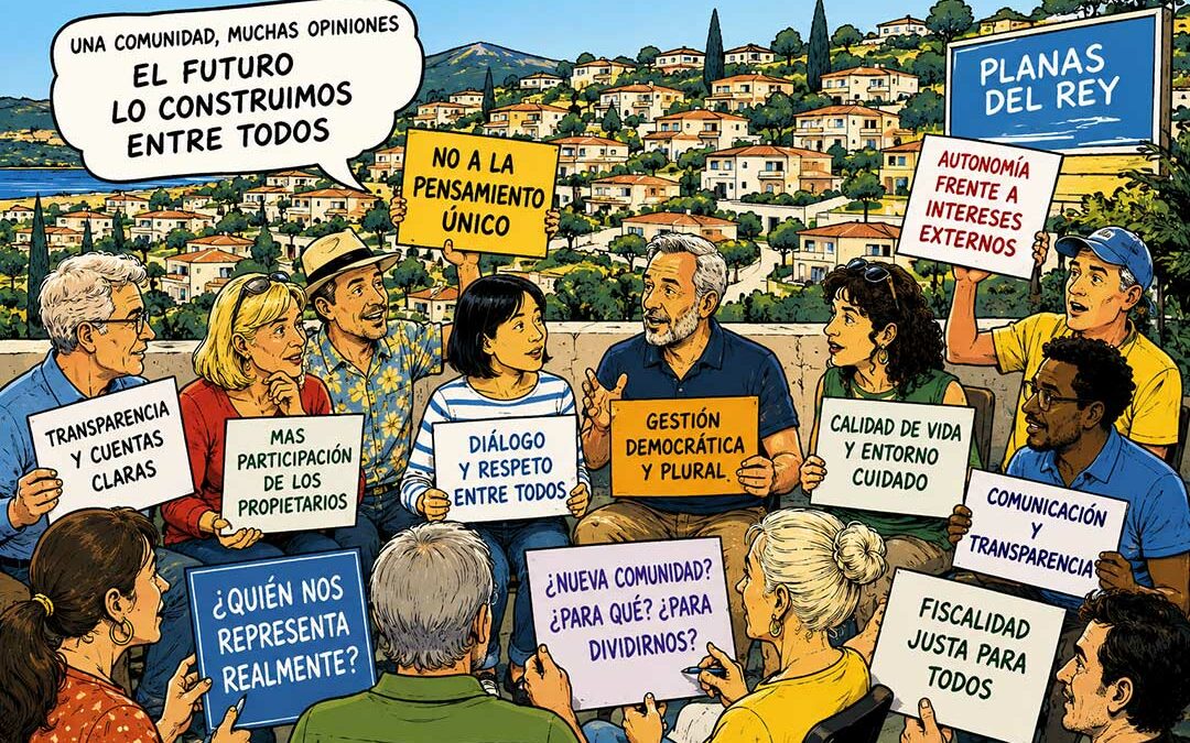 Ilustración editorial que muestra a propietarios de diferentes nacionalidades reunidos en una asamblea en Planas del Rey, sosteniendo carteles con opiniones diversas sobre el futuro de la urbanización.