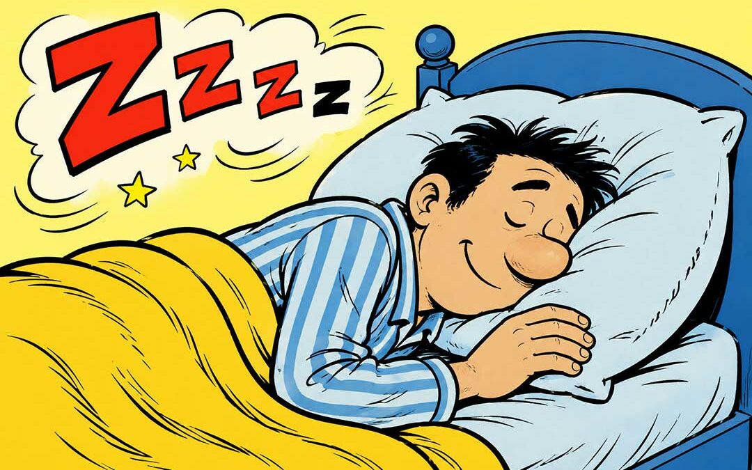 Ilustración de estilo cómic que muestra a un hombre durmiendo plácidamente bajo una manta amarilla, acompañado por grandes letras “Zzz”, simbolizando tranquilidad y ausencia de preocupación.