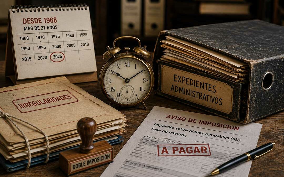 Documentos administrativos antiguos, expedientes archivados, un reloj y un aviso de imposición fiscal que simbolizan décadas de irregularidades y doble imposición en Planas del Rey.