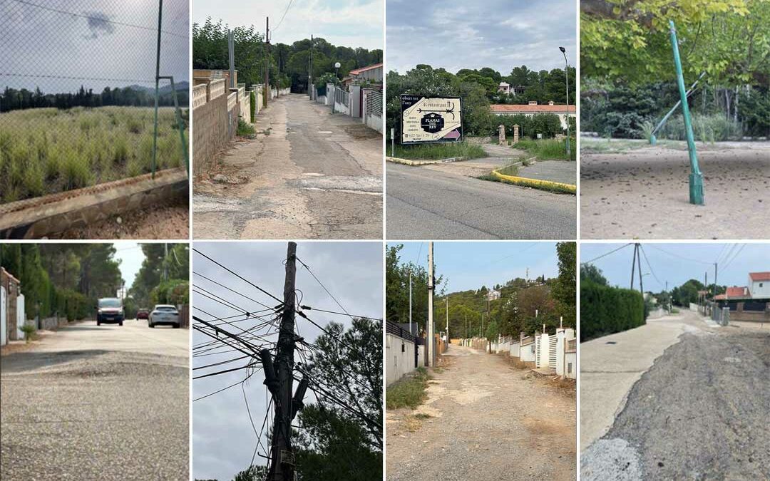 Montage de photos montrant l’état des rues, de l’éclairage et des infrastructures à Planas del Rey : routes dégradées, lampadaires hors service, trottoirs abîmés et absence d’entretien.