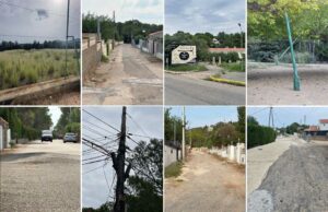 Montage de photos montrant l’état des rues, de l’éclairage et des infrastructures à Planas del Rey : routes dégradées, lampadaires hors service, trottoirs abîmés et absence d’entretien.