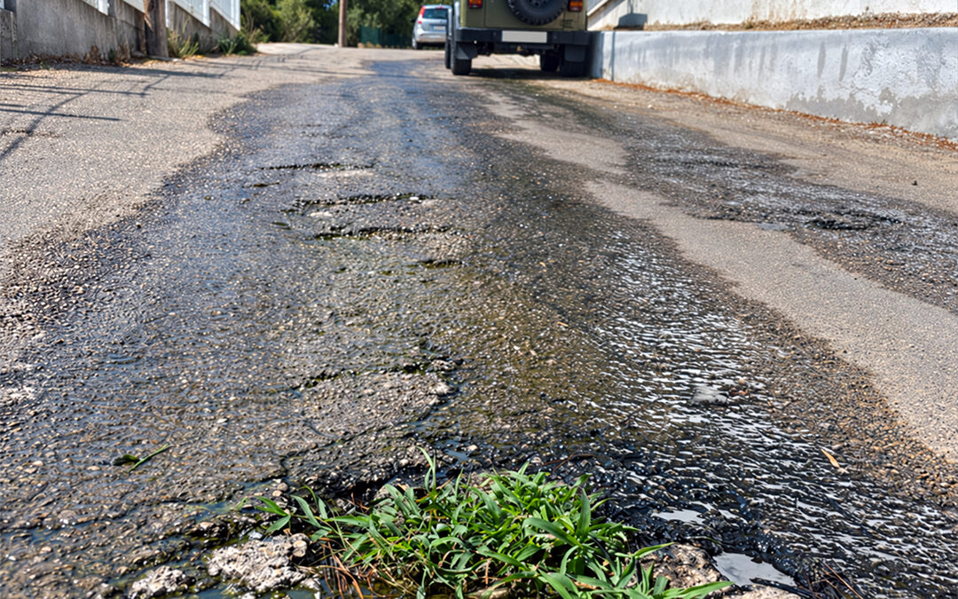 Damaged road surface in Planas del Rey, with surface water and grass growing through cracks.
