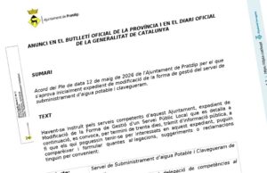 Capture d’un document officiel publié par la mairie de Pratdip au sujet de la modification du mode de gestion du service d’eau et d’assainissement.
