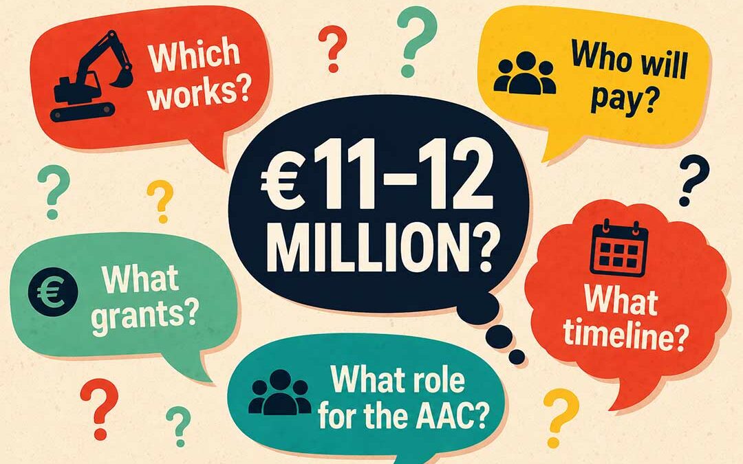 Illustration showing an estimated €11–12 million cost surrounded by questions about the planned works, funding, grants, timeline, and the role of a future AAC in Planas del Rey.