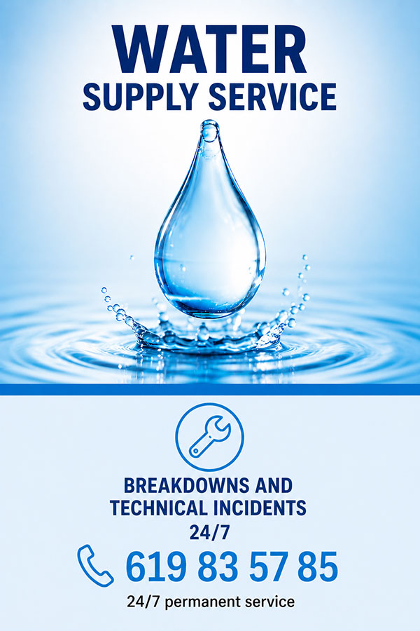 Water Supply Service to Pratdip – 24/7 Emergency Contact Poster for the new water supply service showing the 24/7 emergency phone number for technical faults and incidents.