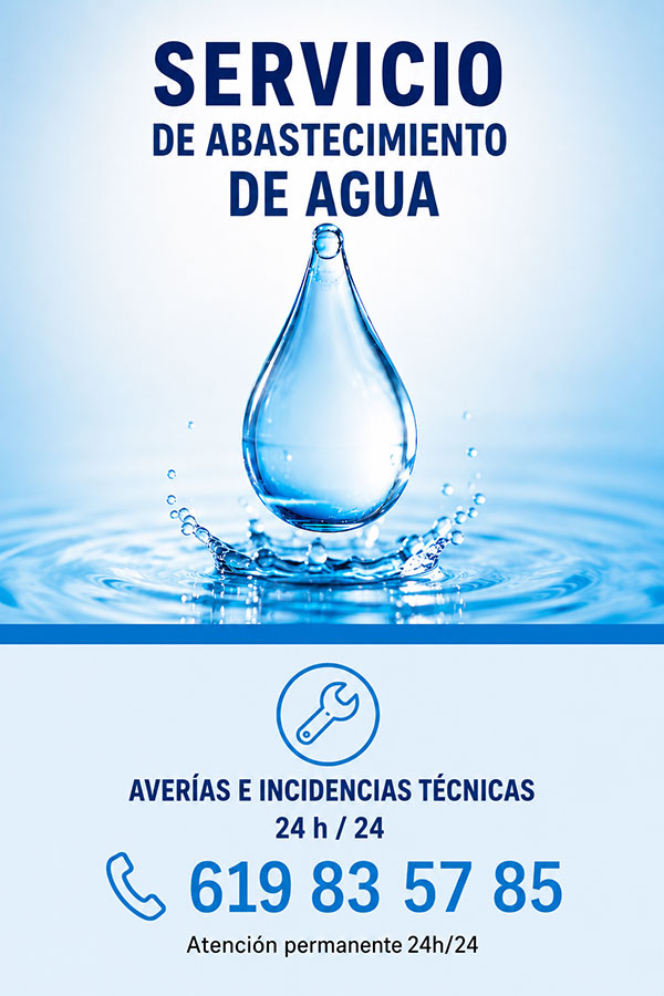 Cartel del nuevo servicio de abastecimiento de agua con el teléfono para averías e incidencias técnicas disponible las 24 horas.