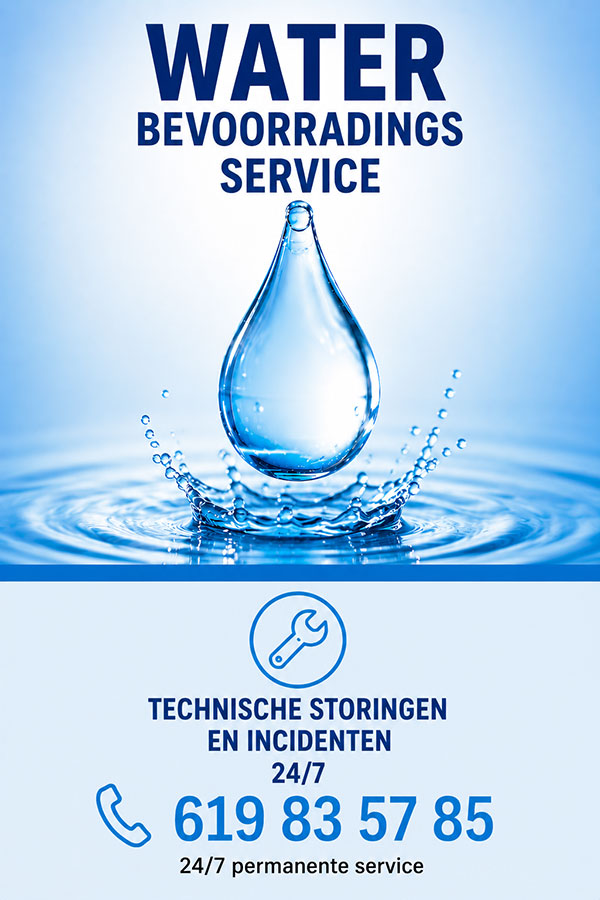 Drinkwatervoorziening van Pratdip Poster van de nieuwe drinkwatervoorziening met het telefoonnummer voor technische storingen en incidenten, 24 uur per dag bereikbaar.