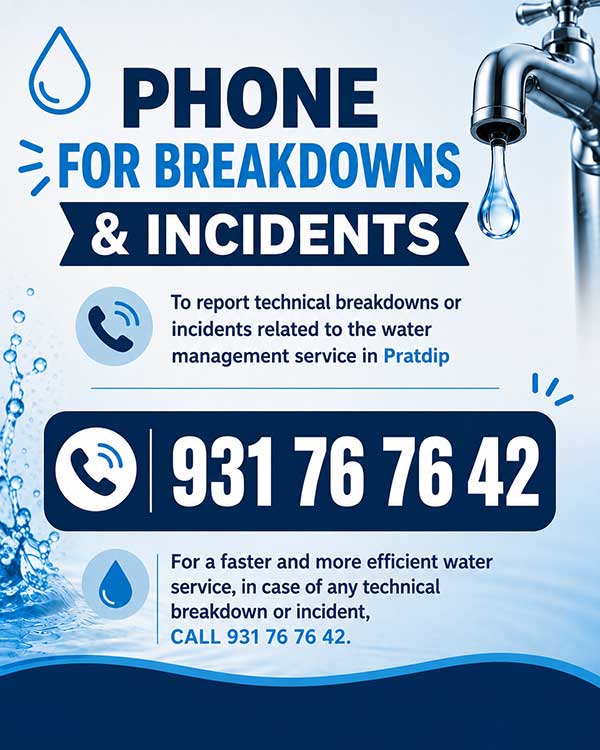 Poster for the new water supply service showing the 24/7 emergency phone number for technical faults and incidents.