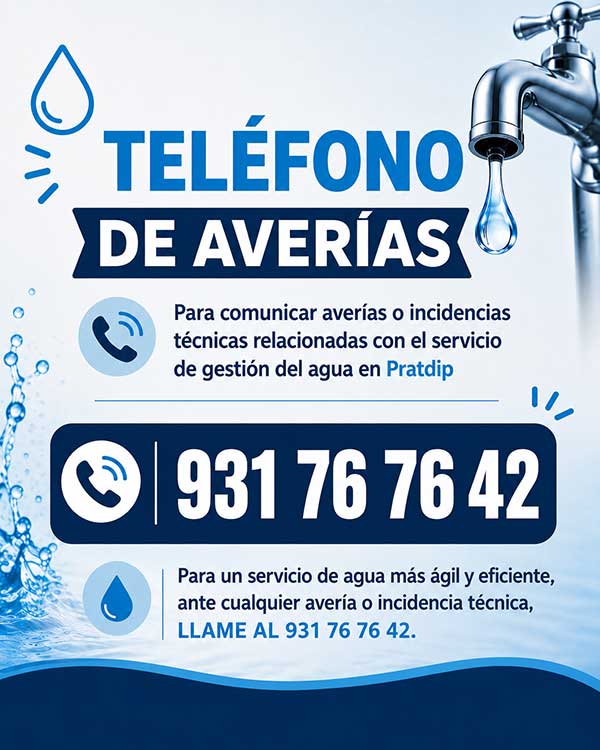 Cartel del nuevo servicio de abastecimiento de agua con el teléfono para averías e incidencias técnicas disponible las 24 horas.