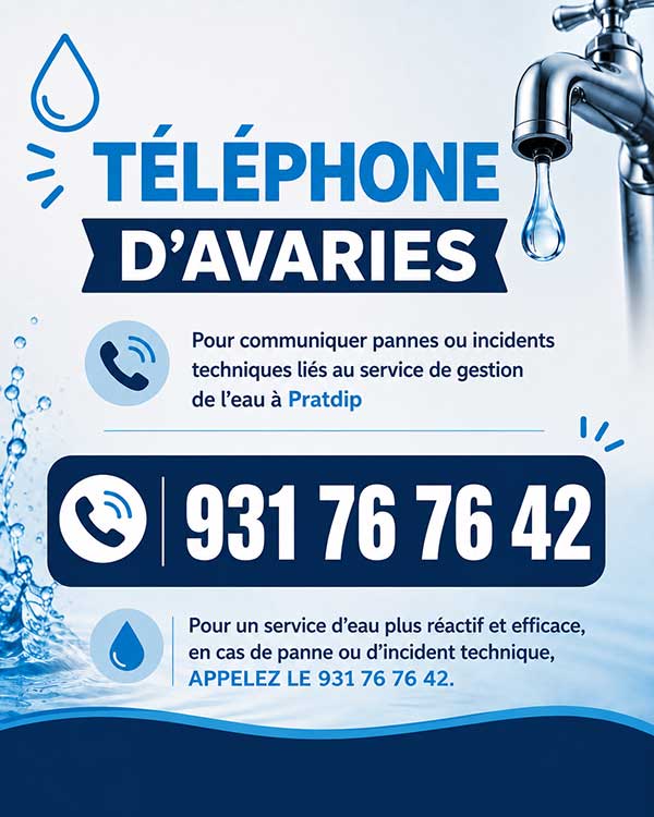 Affiche du nouveau service d’approvisionnement en eau indiquant le numéro d’urgence pour les pannes et incidents techniques, disponible 24h/24.