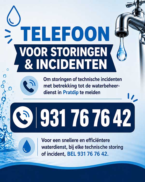Poster van de nieuwe drinkwatervoorziening met het telefoonnummer voor technische storingen en incidenten, 24 uur per dag bereikbaar.