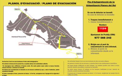 Plan d’évacuation de Planas del Rey indiquant les sorties, le point de rassemblement et le numéro d’urgence 112