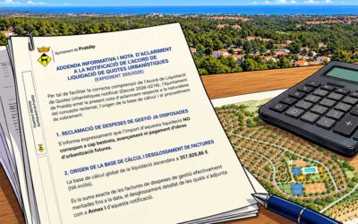 Illustration de l’addenda de la mairie de Pratdip précisant les 357.829,86 € de dépenses de gestion liées à la reparcelación de Planas del Rey.