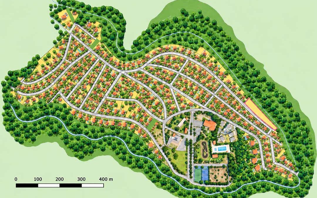Getekend overzicht van Planas del Rey met de straten, woningen en de zone met het zwembad en de pumptrack.